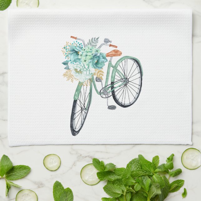 Paño De Cocina Casa de campo de bicicletas Aqua Blue Floral Vinta (Doblado)