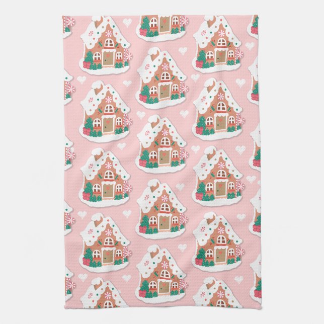 Paño De Cocina Casa de pan de jengibre rosado (Vertical)