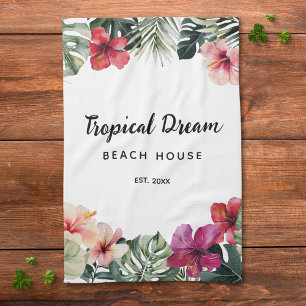 Paño De Cocina Casa de playa botánica floral tropical acuarela