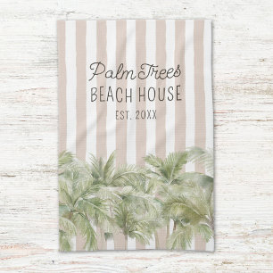 Paño De Cocina Casa de Playa con Palmeras Tropicales y Rayas Beig