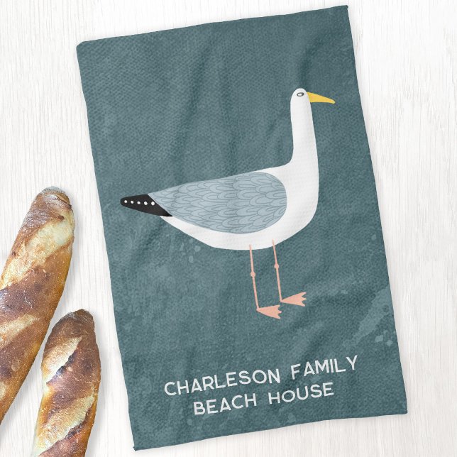 Paño De Cocina Casa de Playa Costera Familiar de Gaviotas Caprich (Fun seagull nautical personalized family name unique beach house kitchen tea towel)