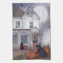 Paño De Cocina Casa elevada de Halloween ilustrada con gato negro