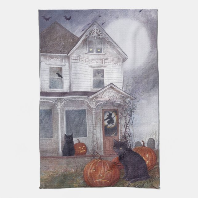 Paño De Cocina Casa elevada de Halloween ilustrada con gato negro (Vertical)