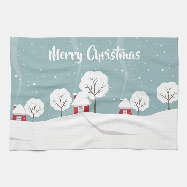 Paño De Cocina Casas nevadas y Navidades de árboles (Horizontal)