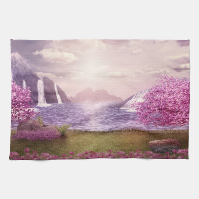 Paño De Cocina Cascadas y cerezos alrededor de un lago (Horizontal)
