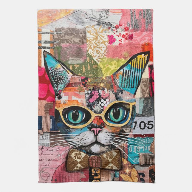 Paño De Cocina Cat Mixed Mixed Paper Collage Kitchen Towel (Vertical)