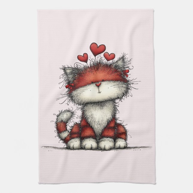 Paño De Cocina Cat with Red Love Hearts Cute and Funny (Vertical)