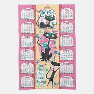 Paño De Cocina Cats de mediados del siglo Calendario Cocina Toall