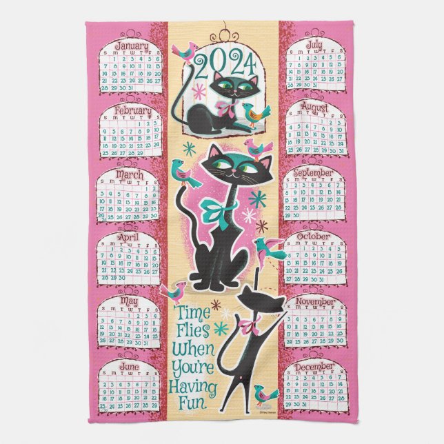 Paño De Cocina Cats de mediados del siglo Calendario Cocina Toall (Vertical)