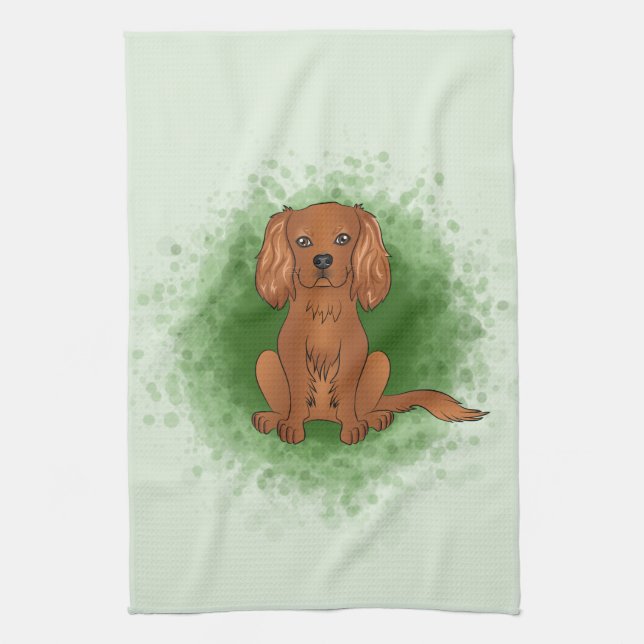 Paño De Cocina Cavalier King Charles Spaniel de rubí sobre verde (Vertical)