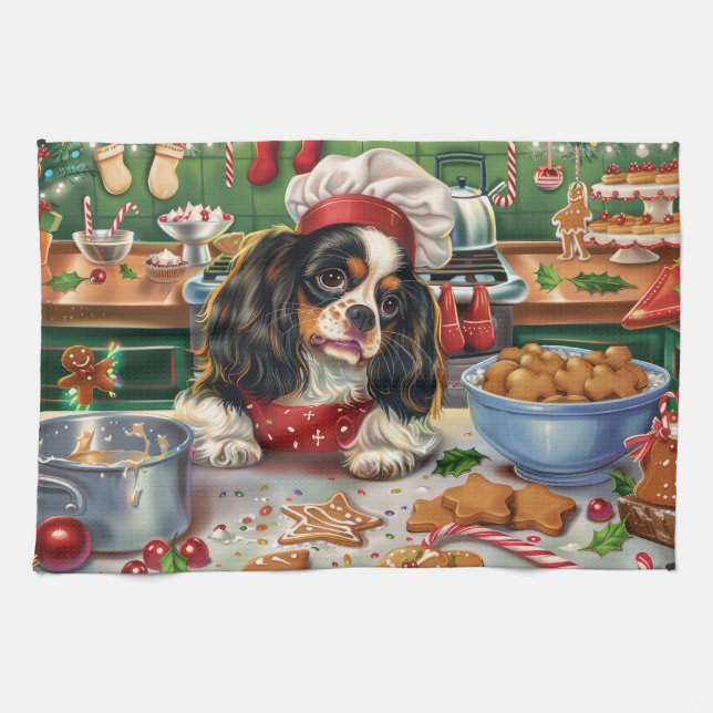 Paño De Cocina Cavalier King Charles Spaniel Horneando Navidad (Horizontal)
