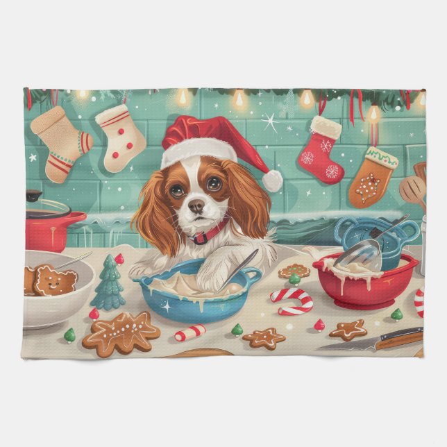 Paño De Cocina Cavalier King Charles Spaniel Horneando Navidad (Horizontal)