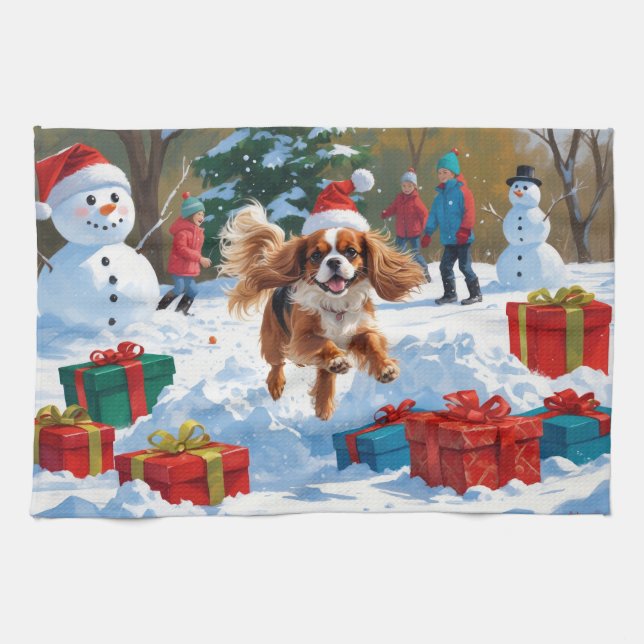 Paño De Cocina Cavalier King Charles Spaniel Nieve con Navidad  (Horizontal)