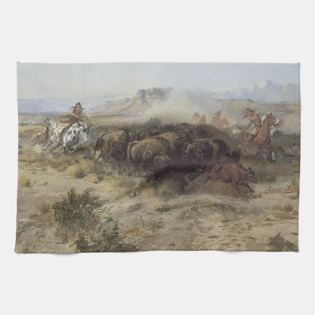 Paño De Cocina Caza de Búfalos No. 26 de CM Russell, Indios Vinta (Horizontal)