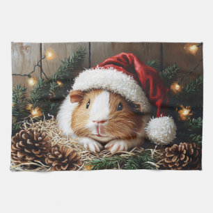 Paño De Cocina Cerdo de Guinea con un Sombrero de Santa