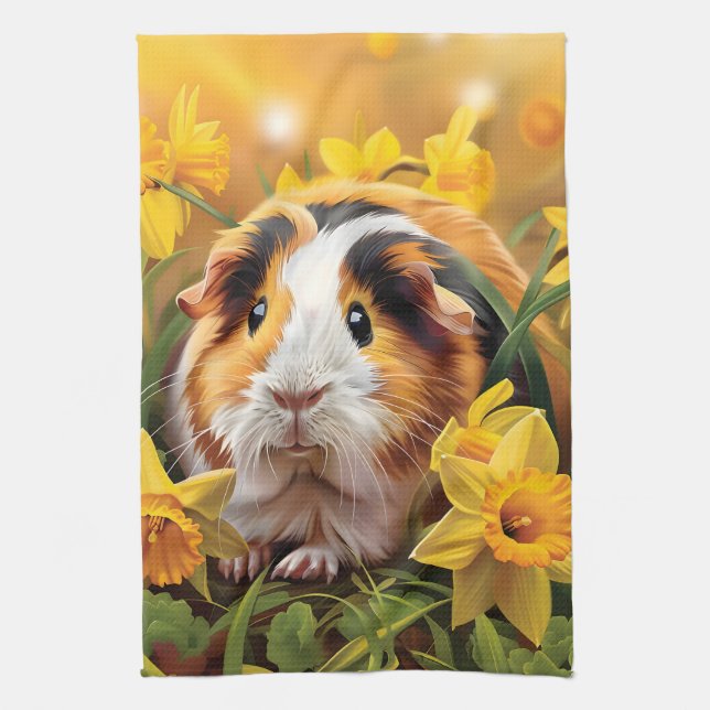 Paño De Cocina Cerdo De Guinea Entre Los Daffodils (Vertical)