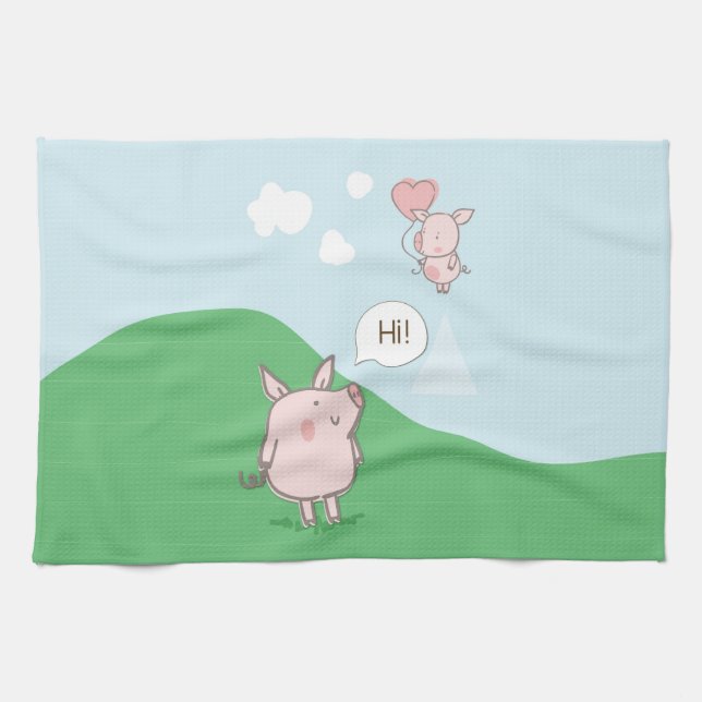Paño De Cocina Cerdo flotante lindo diciendo hola (Horizontal)