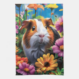 Paño De Cocina Cerdo guineano entre flores vibrantes