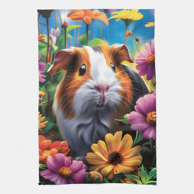 Paño De Cocina Cerdo guineano entre flores vibrantes (Vertical)