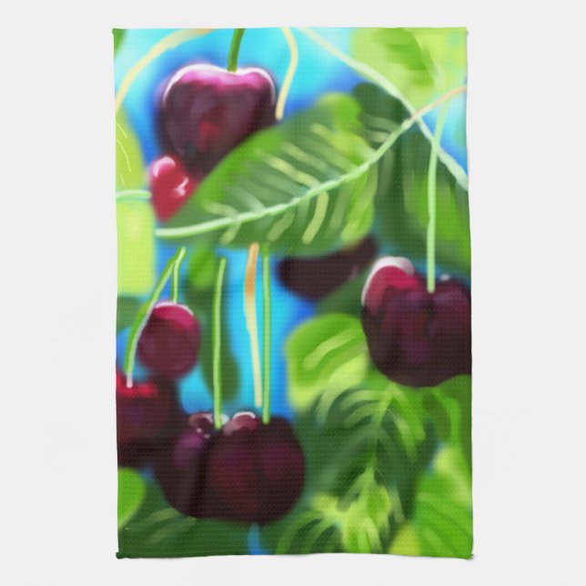 Paño De Cocina Cerezas Colgadas De Las Ramas Cerezo Verde Rojo (Vertical)
