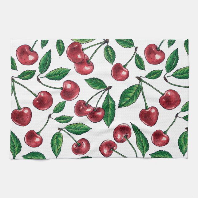 Paño De Cocina Cerezas rojas en blanco (Horizontal)