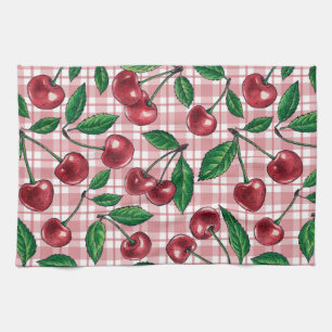 Paño De Cocina Cerezas rojas en gingham rosa