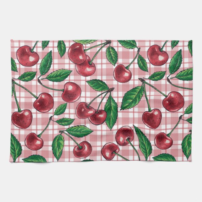 Paño De Cocina Cerezas rojas en gingham rosa (Horizontal)