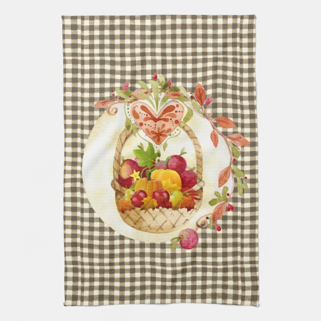 Paño De Cocina Cesta de cosecha de otoño de Gingham marrón (Vertical)