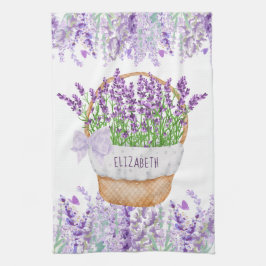 Paño De Cocina Cesta de flores de lavanda con monograma verde púr