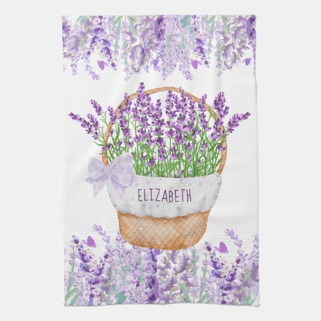 Paño De Cocina Cesta de flores de lavanda con nombre de monograma (Vertical)