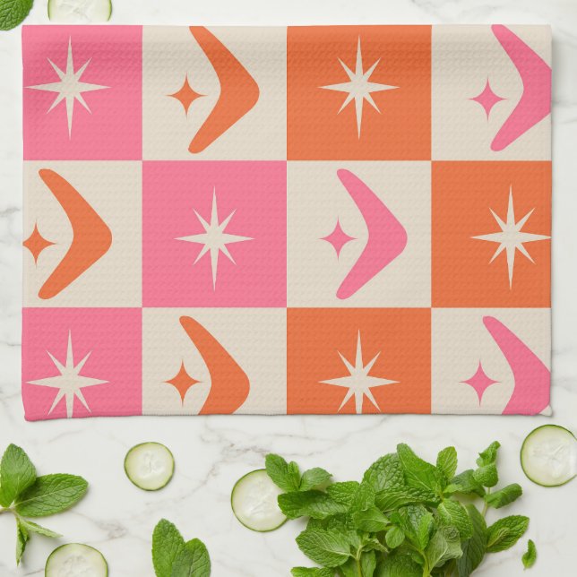 Paño De Cocina Checkered Mid Century Boomerangs pink and orange  (Doblado)