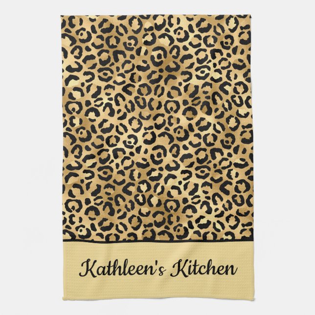 Paño De Cocina Cheetah impreso monogramado de leopardo negro y do (Vertical)