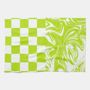 Paño De Cocina Cheques y muelles en verde limón y blanco