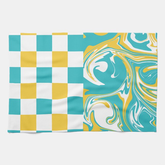 Paño De Cocina Cheques y muelles turquesa, amarillo y blanco (Horizontal)