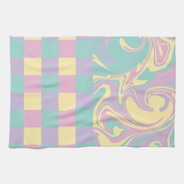 Paño De Cocina Cheques y Swirls Pastel Rosa, Amarillo, Púrpura y  (Horizontal)