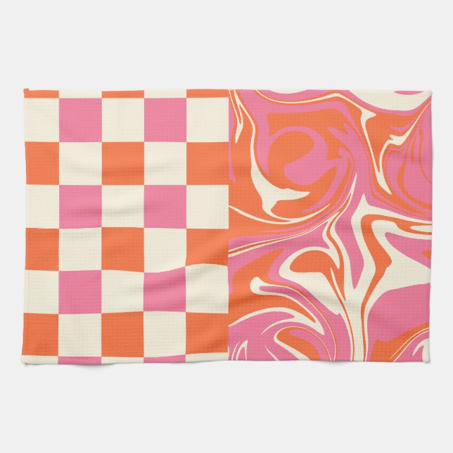 Paño De Cocina Cheques y Swirls - rosa, Naranja y crema (Horizontal)