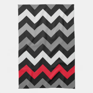 Paño De Cocina Chevron blanco y negro con banda roja
