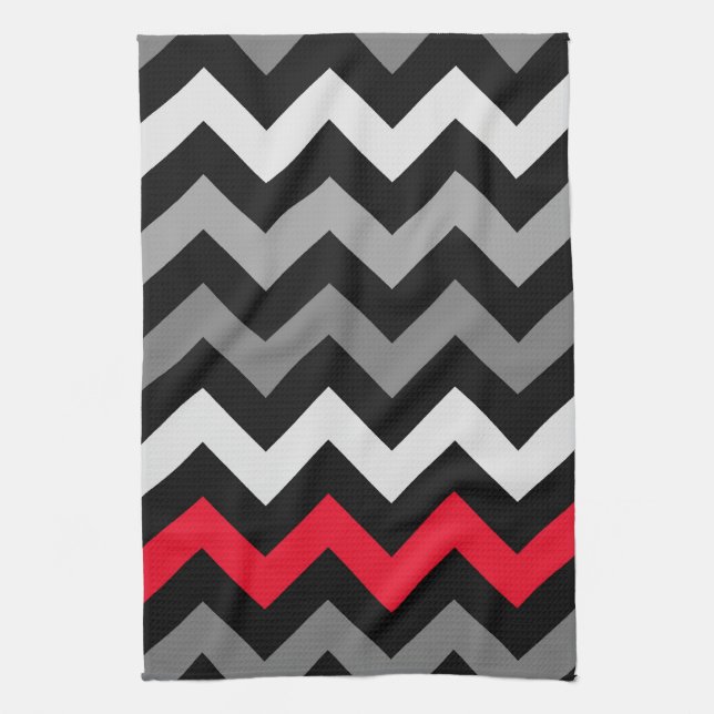 Paño De Cocina Chevron blanco y negro con banda roja (Vertical)