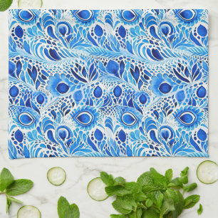 Paño De Cocina Chic Azul Blanco Plumas de Pavo Real Despedida de