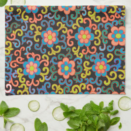 Paño De Cocina Chic Black Pattern with Colorful Floral 