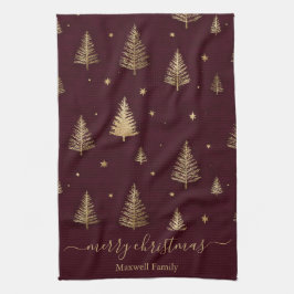 Paño De Cocina Chic Burgundy gold glitter merry christmas trees 