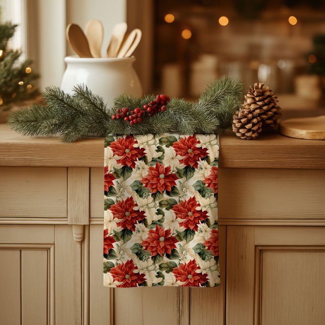 Paño De Cocina Chic Classic Red and White Poinsettias Christmas  (Chic Classic Red and White Poinsettias Christmas kitchen towel)