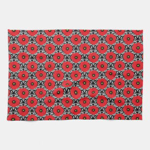 Paño De Cocina Chic Deslucido Rojo, Amapolas Florales Negras y Bl