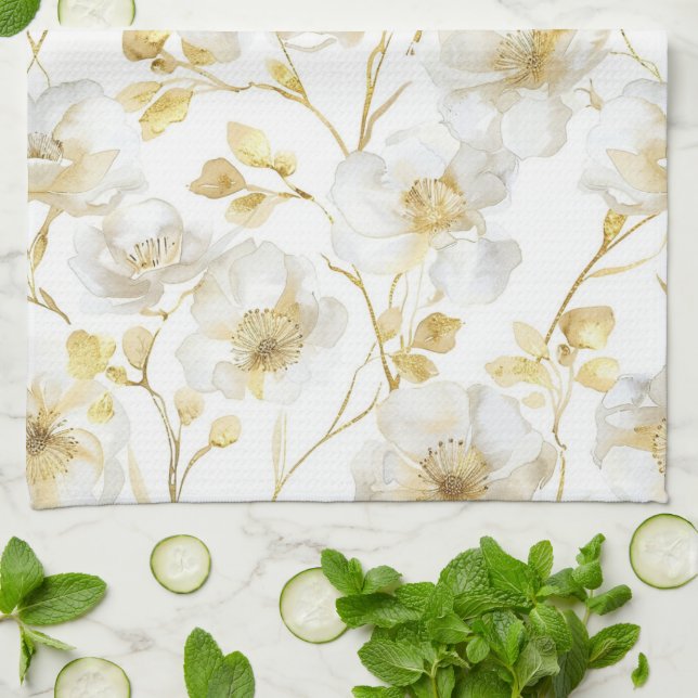 Paño De Cocina Chic Flores Blancas Doradas para Despedida de Solt (Doblado)