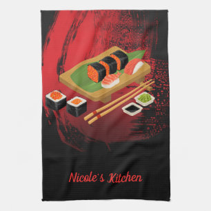 Paño De Cocina Chic Moderno Elegante Sushi Negro y Rojo