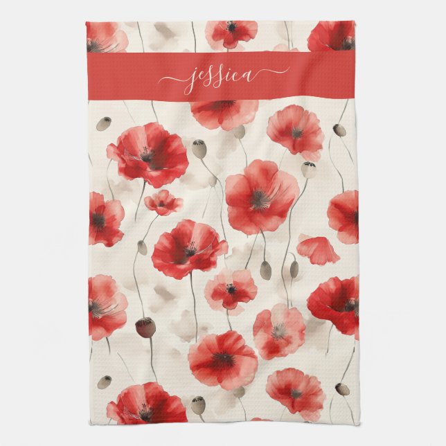 Paño De Cocina Chic red poppies script name  (Vertical)