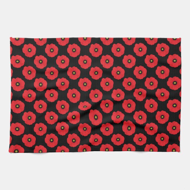 Paño De Cocina Chic Rústico Amapolas Florales Rojas y Negras (Horizontal)