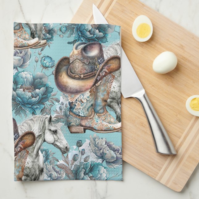 Paño De Cocina Chica de caballo vaquero patrón turquesa floral (Doblado Cuarto)
