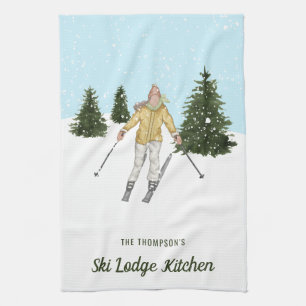 Paño De Cocina Chica de esquí con acuarela en las pistas Invierno