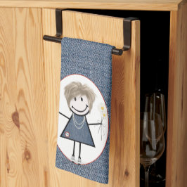 Paño De Cocina Chica de la figura de palo con daisis en denim